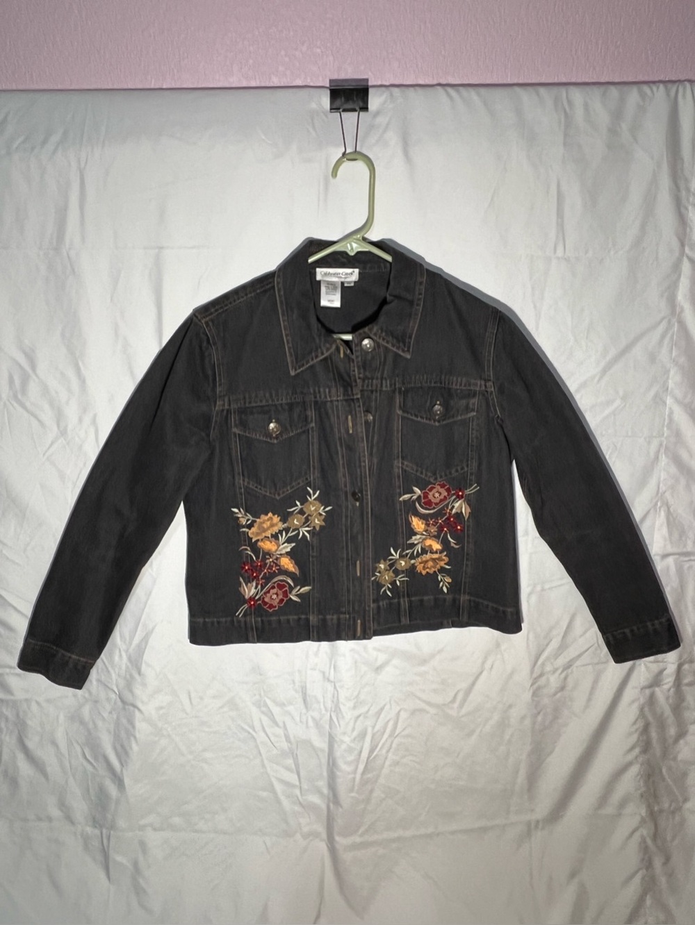 Coldwater Creek Blue Denim Jacket with Red & Mustard Floral Embroidery